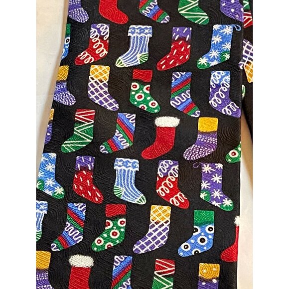 VTG Christmas Stocking Silk Necktie Made In USA 100% Silk Black Festive Design - Picture 2 of 4